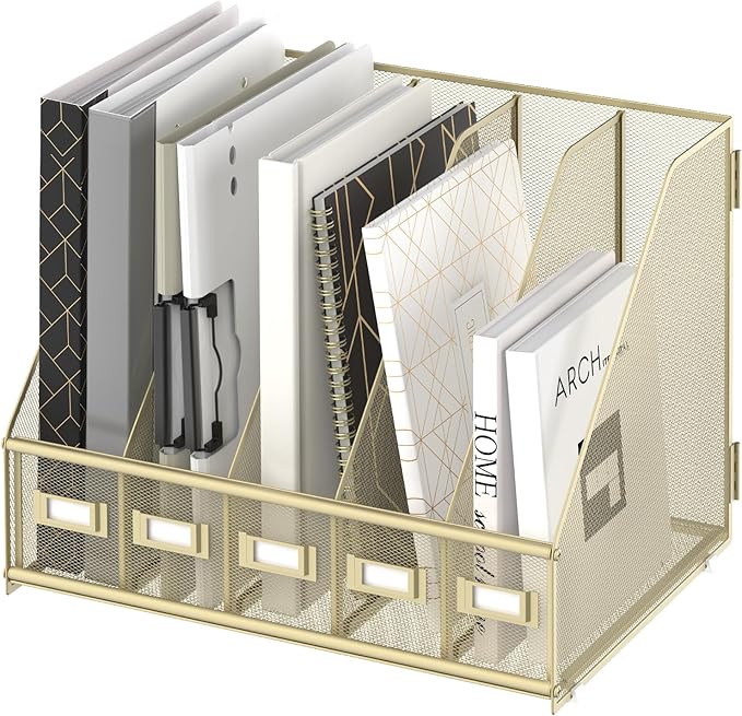 SUPEASY Desk Organizers Metal Desk Magazine File Holder with 5 Vertical Compartments Rack File Organizer for Office Desktop, Home Workspace, Golden Yellow