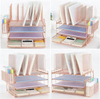 Desk Organizer with 5 Vertical File Holders, 3-Tier Paper Organizer and Drawer, Desk Accessories in Rose Gold