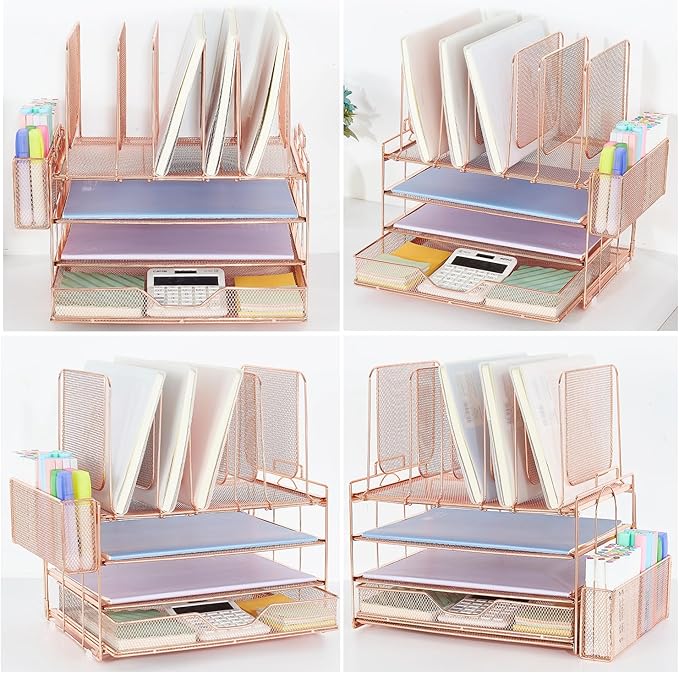 Desk Organizer with 5 Vertical File Holders, 3-Tier Paper Organizer and Drawer, Desk Accessories in Rose Gold