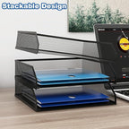 Natwind 3-Tier Stackable Paper Tray, Metal Mesh Desktop Organizer, A4 Desk Organizer, Stackable Letter Trays, File Folder Sorter Organizer with Sliding Tray for Home, Office, School (Black)