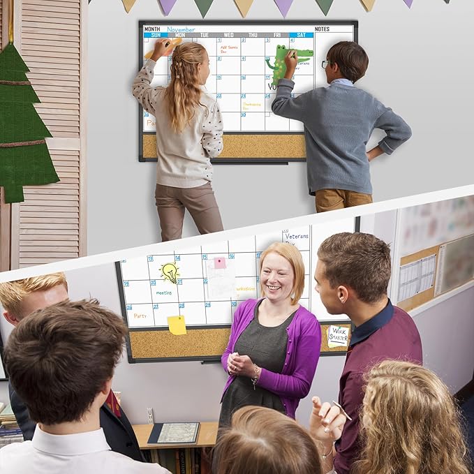 XBoard Dry Erase Calendar Whiteboard 36 X 24 - Combo White Board Calendar Monthly, Magnetic White Board + Corkboard with Black Aluminum Frame, 10 Colorful Push Pins & Marker Tray Included