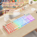 Typewriter Style Keyboard with Metal Panel, Rainbow LED Backlit, Round Keys, Anti-ghosting, Spill Resistant, Light Up USB Wired Retro 104 Keys for Office/Gaming, White/Silver