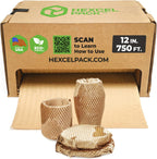 HexcelWrap Mini - Honeycomb Packing Paper, Eco-Friendly, Sustainable Paper Bubble Wrap for Shipping & Moving, Cushioned Packing Material in Easy Self-Dispenser Box - Natural, 12" x 750'