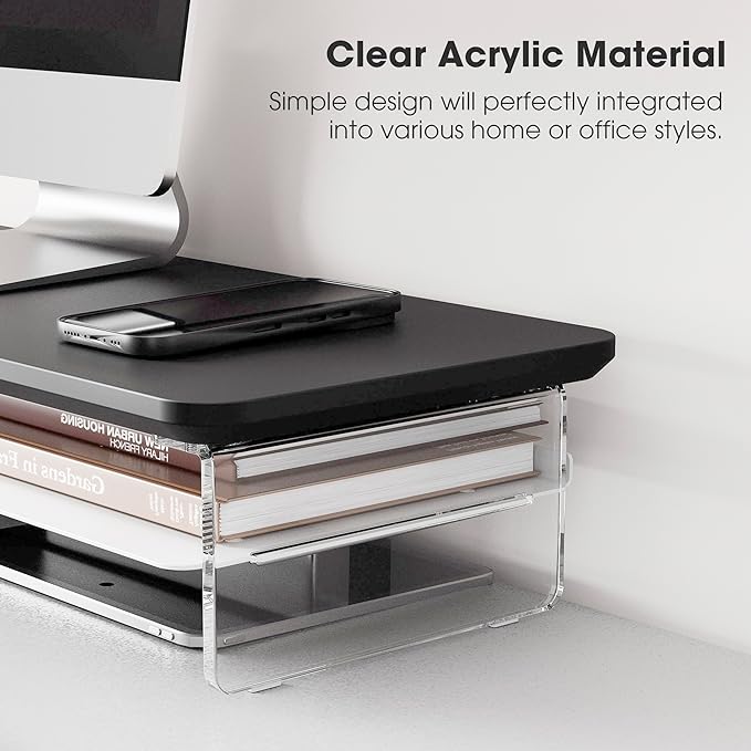 Fenge Acrylic Monitor Stand Riser, 42.5 Inches Dual Monitor Stand with Metal Storage, 2 Tier Acrylic Computer Riser for Desk, Clear Laptop Stand for PC, Laptop, Printer, TV, Black