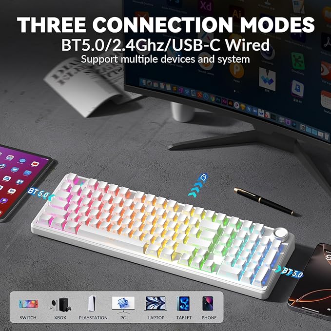AULA F99 Pro Wireless Mechanical Keyboard-Silent Version,BT5.0/2.4GHz/USB-C Hot Swappable Custom Keyboard,Gasket Structure,Pre-lubed Linear Switches RGB Backlit Computer Gaming Keyboards,White