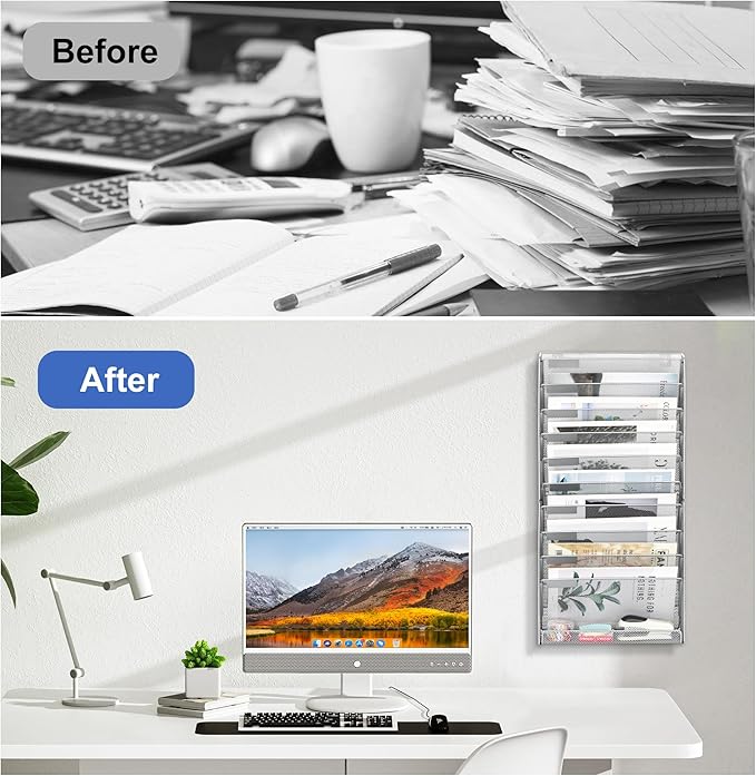 EasyPAG 11 Tier Wall File Holder with Flat Tray, Silver | Easy Assemble Mesh Desk File Organizer | 10-Folder Paper Storage | Replaceable Classify Labels | Space Saving Mail Organizer for Office Home