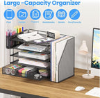 Desk Organizers and Accessories, 5-Tier Paper File Organizer with Drawer & Pen Holder, Office Desk Accessories Workspace Desktop Organizer for Office Supplies(Black)