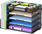 Marbrasse 5-Tier Desk Organizer with File Holder,Paper Letter Tray Organizer,Desktop File Organizer with Adjustable Compartments,Mesh Desk Organizers and Accessories for Office Supplies,Black