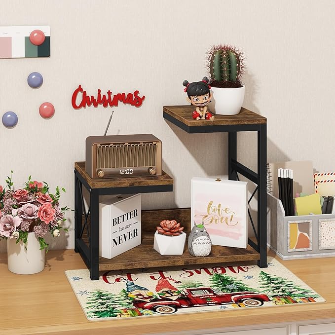 ELITEROO Desktop Shelf Organizer, 3 Tier Office Shelves, Wood Desk Organizers Storage Rack and Freestanding Display Shelf for Office, Dormitory, Home, Rustic Brown