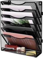 EasyPAG 7 Tier Wall File Holder with Flat Tray, Black | Easy Assemble Mesh Desk File Organizer | 6-Folder Paper Storage | Replaceable Classify Labels | Space Saving Mail Organizer for Office Home