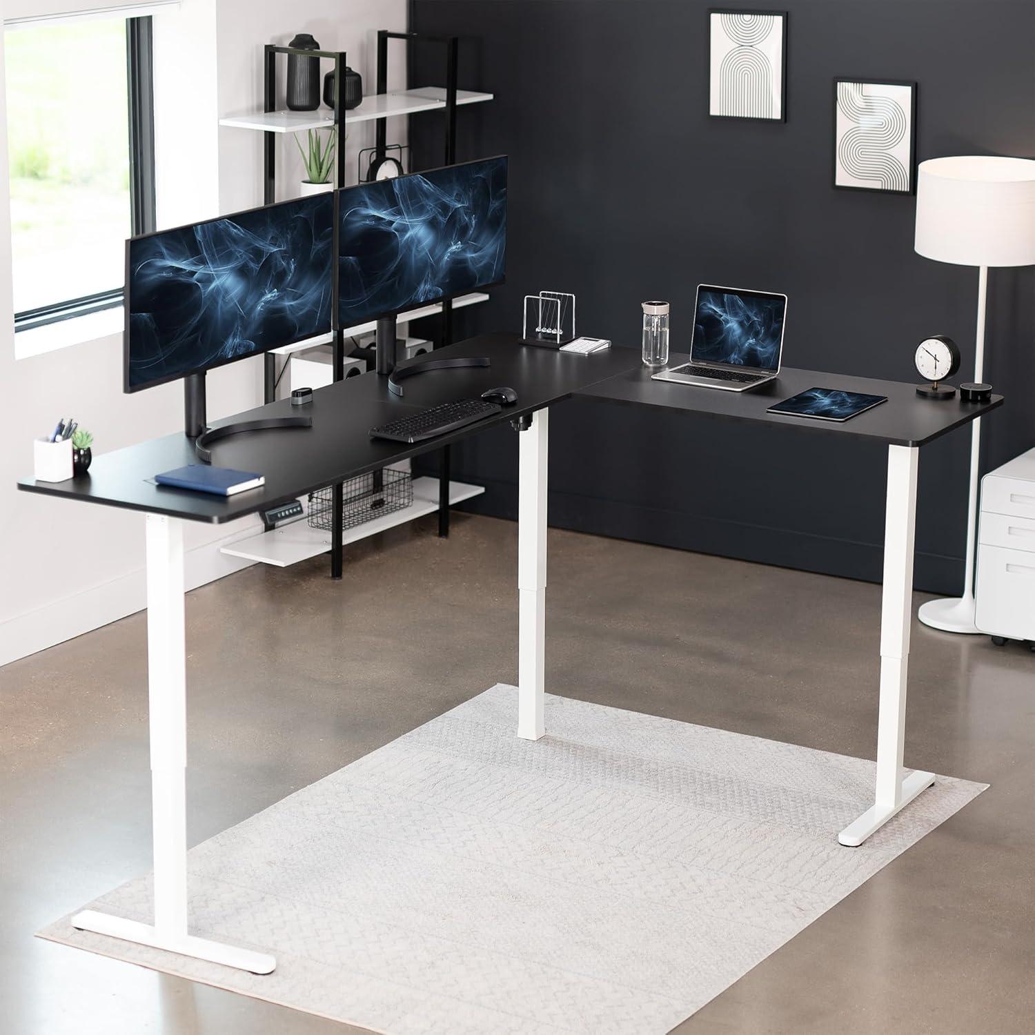 VIVO Electric Corner L-Shaped 84 x 63 in Standing Desk, Memory Height Adjustment, Black Top White Frame, DESK-E3CTWB-84