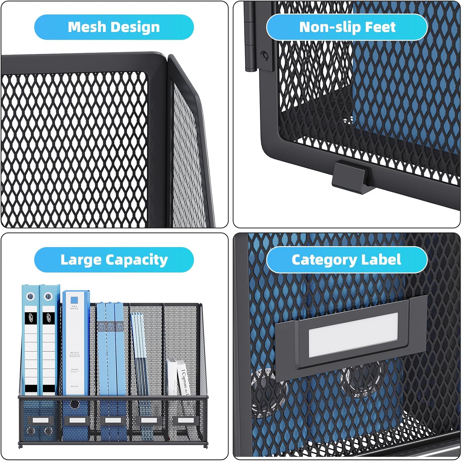 Marbrasse Desk File Organizer with 5 Vertical Compartments Mesh Magazine File Holder for Office, Home, School