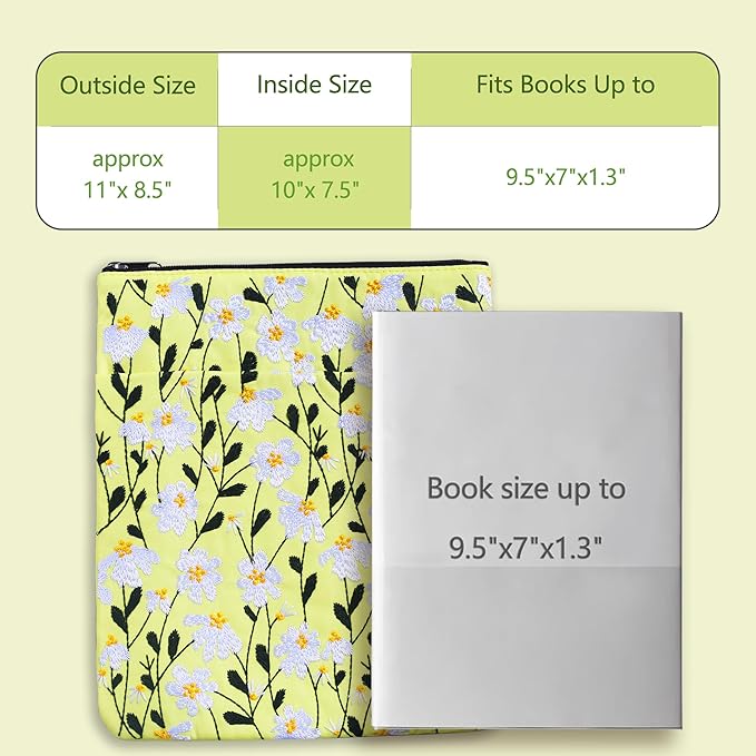 LParkin Daisy Flower Embroidery Book Sleeve with Zipper for Readers Protector Cover Gift for Book Lovers, 11x 8.5 Inch Washable Fabric, Daisy White(White)