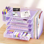 Desk Organizers and Accessories, 5-Tier Paper File Organizer with Drawer & Pen Holder, Office Desk Accessories Workspace Desktop Organizer for Office Supplies((Purple)