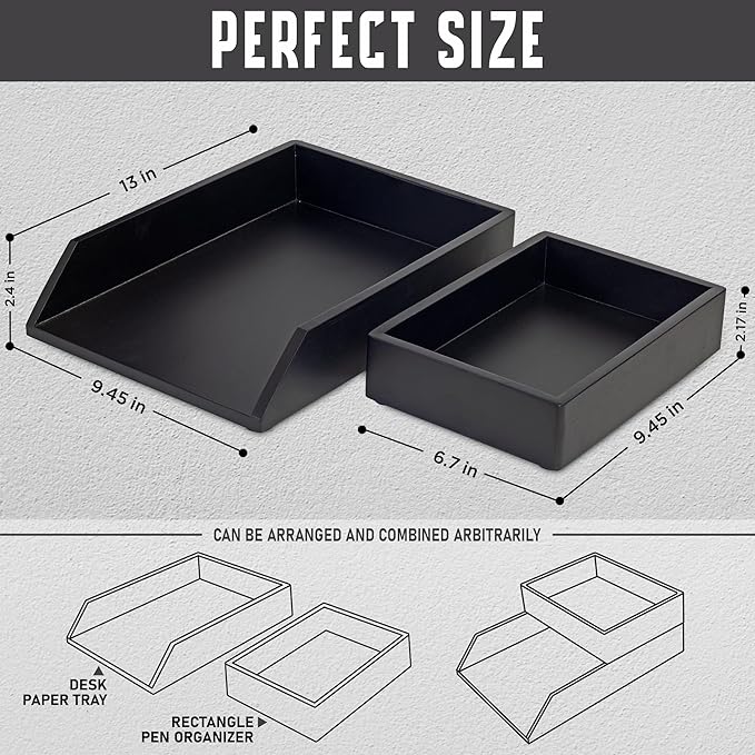 Demigo Desk Organizer Letter Tray Set of 2, Acacia Wood Tabletop Desktop for Storage Paper Letter Folders Notebooks Copy Print, Workspace Holder, Keep Stationery Saver (Black)