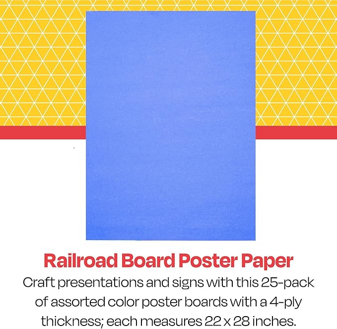 School Smart Railroad Poster Board Paper, 22 x 28 Inches, 4-Ply, Assorted Colors, Pack of 25
