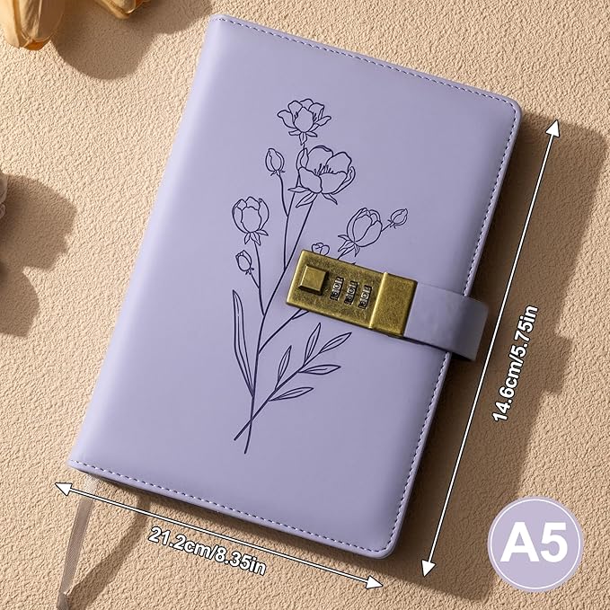 Lock Diary for Women Diary with Lock for Girls A5 Leather Locked Journal 260 Pages 100 GSM Refillable Journal with Lock for Teens Secrets Flower Journals with Combination Passwords, 5.7"x8.3", Purple