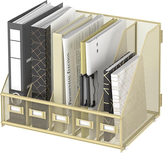 SUPEASY Desk Organizers Metal Desk Magazine File Holder with 5 Vertical Compartments Rack File Organizer for Office Desktop, Home Workspace, Golden Yellow, Plus