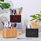 Oak Solid Wood Pen &Pencil Holder for Desk, Office Stationery Organizer, Table Pencil Cup Stand,Desk Accessories Holder, Two Cups Practical Design. (Char Black)