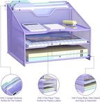 Samstar Purple Desk File Organizer, Mesh Letter File Folder Holder with 3 Paper Trays and 2 Vertical Upright Section, for Office Supplies, Desk Accessories & Workspace, Purple