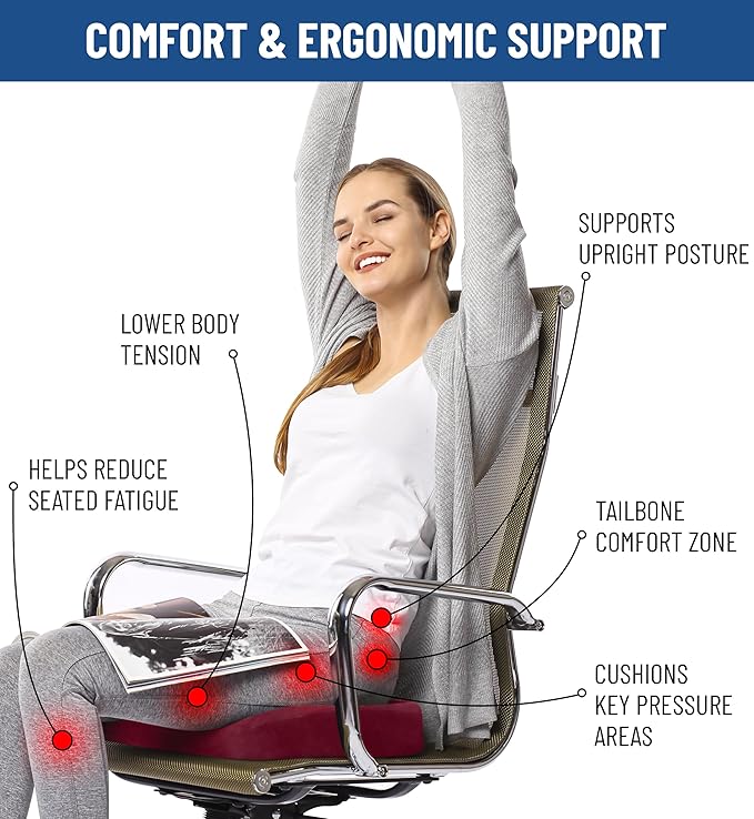 Everlasting Comfort Doctor Recommended Memory Foam Seat Cushion for Office Chairs & Car Seat - Ergonomic Office Desk Accessories for Tailbone Pain Relief, Sciatica & Back Support