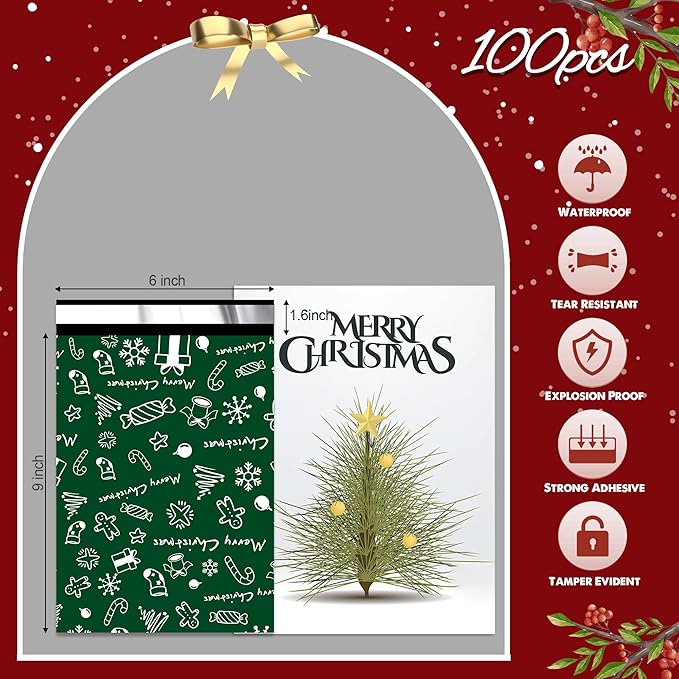 Christmas Poly Mailer - 6x9 Inch, 100 Pcs Waterproof Tear-Resistant Mailer Bags with Self-Seal - Green Merry Christmas