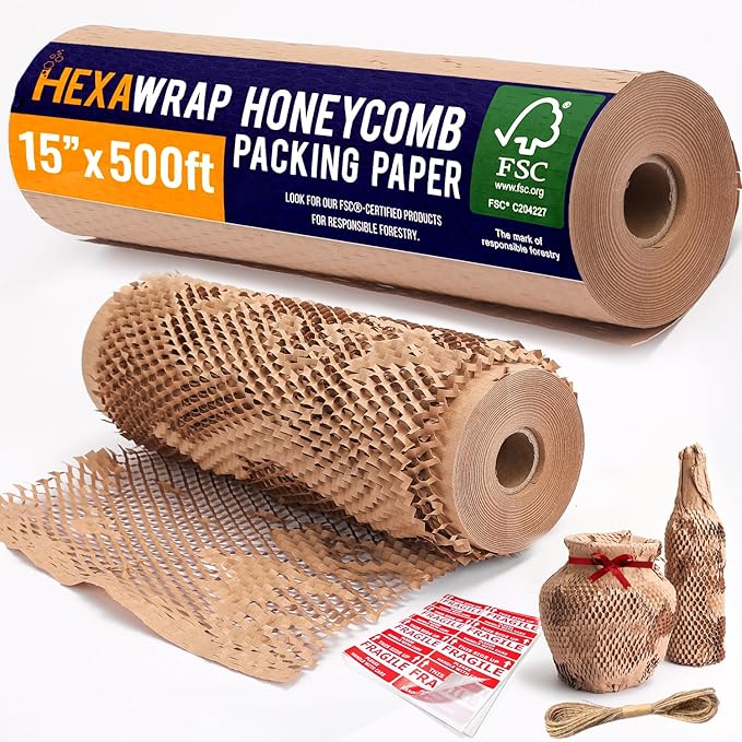 Honeycomb Packing Paper 15" x 500ft with Rope & 20 Fragile Stickers|Shipping & Moving Supplies|Small Business Packaging Supplies|Eco Friendly Bubble Wrap Packing Boxes for Moving Certified FSC C204227