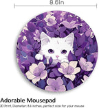 White Cat Purple Floral Mouse Pad, Small Round Mouse Pads for Desk, Kawaii Cute Mini Travel Mousepad for Wireless Computer Laptop, Office Desk Accessories, 8.6 x 8.6 inch