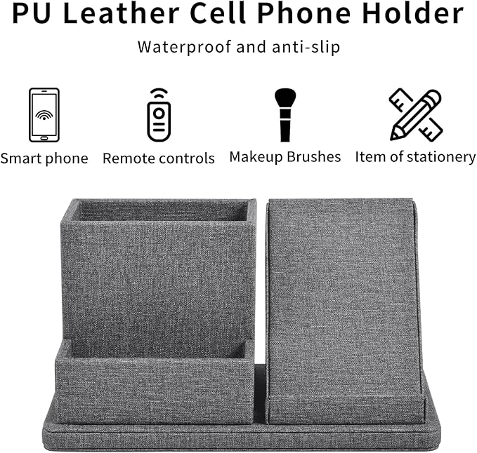 Multi-Function Pen/Pencil Holder-Linen Leathe Excellent Cell Phone Touch Screen Solution Holde-Business Card Holder/Sticky Note Tray,Desk Organizer for Office Supplies,Desktop Caddy,Grey