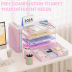 Desk Organizer and Accessories, 4-Tier Desktop File Organizer with Drawer and 2 Pen Holders, Office Desk Accessories for Office Supplies(Pink)
