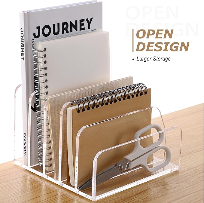 SANRUI Acrylic Desk Mail Organizer Sorters, Clear 5 Upright Compartments Laddered Desktop File Letter Holder, Multifunction Envelope Vertical Folder Racks Document Holders for Office, Home, School