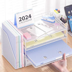 Desk Organizer and Accessories, 4-Tier Desktop File Organizer with Drawer and 2 Pen Holders, Office Desk Accessories for Office Supplies(White)