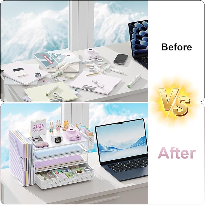 Wood Desk Organizers and Accessories with File Holder, 4-Tier Desk Accessories & Workspace Organizers with Drawer and Pen Holder, Paper Organizer for Office Supplies (White)