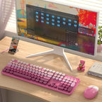 Colorful Wireless Keyboard and Mouse Combo, COVEVA 2.4GHz Wireless Retro Cute Round Keycaps Keyboard, 104 Keys Full-Sized Keyboard Mouse Set with Switch Button for PC Laptop Desktop (Pink Gradient)