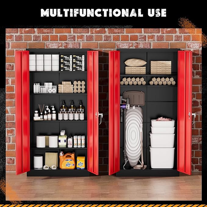 Greenvelly Metal Garage Storage Cabinet with Lock, 72" Metal Storage Cabinet with 2Doors and 4Adjustable Shelves, for Home Office, School,Gym (Black&Red)