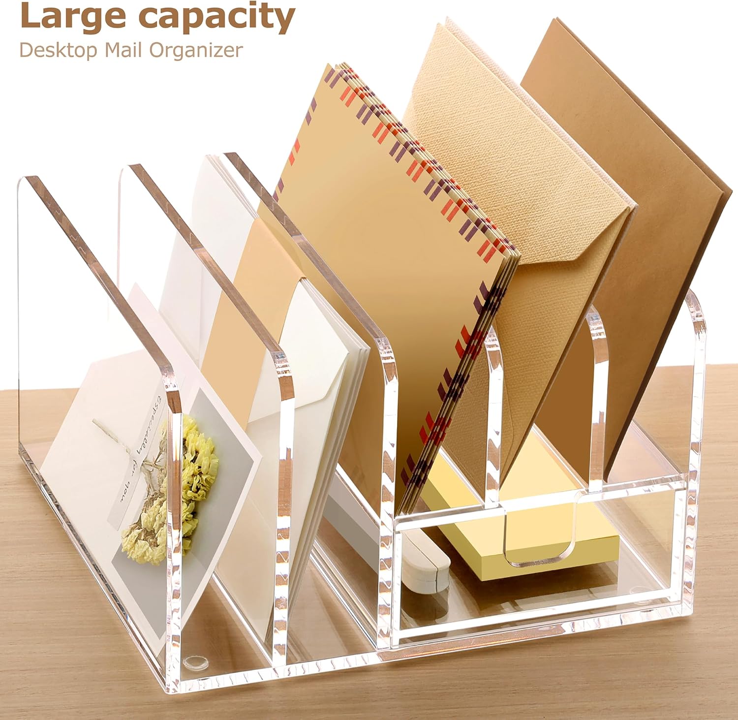 SANRUI Acrylic Mail Sorter Desktop Organizer Holder with Drawer, 5 Compartments Clear Small File Script Letter Document Storage for Desk Bill Filling Envelope Holder Office, Home, School Organization