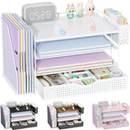 Wood Desk Organizers and Accessories with File Holder, 4-Tier Desk Accessories & Workspace Organizers with Drawer and Pen Holder, Paper Organizer for Office Supplies (White)