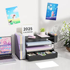 Wood Desk Organizers and Accessories with File Holder, 4-Tier Desk Accessories & Workspace Organizers with Drawer and Pen Holder, Paper Organizer for Office Supplies (Black)