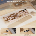 Wireless Keyboard and Mouse Combo, Round Keycaps, Full-Size Retro Typewriter Keyboard with Detachable Wrist Rest, Sleep Mode & Tilt Legs, 2.4GHz Cordless Connection for Mac/Windows/PC (Latte)