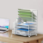 4-Tier Paper Organizer + 3-Pocket File Holder + Drawer + Pen Holders, Desktop File Organizers Paper Tray for Office Supplies School Classroom Organization (White, with Drawer & Pen Holder)