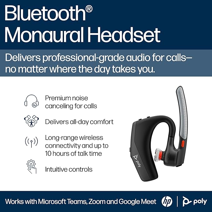 POLY HP Voyager Legend 30 - Bluetooth Monaural Headset - Discreet Boom & 4 Noise-Canceling Mics, WindSmart Technology, All-Day Comfort, Seamless Connectivity, Smart Sensors & Call Controls, Black