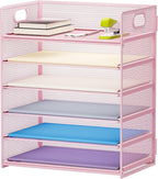 Marbrasse 6 Tier Paper Organizer Letter Tray - Mesh Desk File Organizer with Handle, Paper Sorter for Letter/A4 Office File Folder Holder -Pink