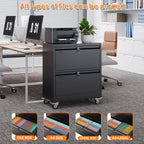 METAN Upgrade 2 Drawers Lateral File Cabinet on Wheels,Steel Office Filing Storage Cabinet with 2 Locks,Assembly Required,Black