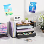 Wood Desk Organizers and Accessories with File Holder, 4-Tier Desk Accessories & Workspace Organizers with Drawer and Pen Holder, Paper Organizer for Office Supplies (Wood)