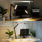 Mount-It! LED Desk Lamp with Adjustable Swing Arms and Clamp Base, Touch Control, Stepless Dimming, and 5 Color Temperatures, Eye-Caring Lighting for Work, Study, and Crafting