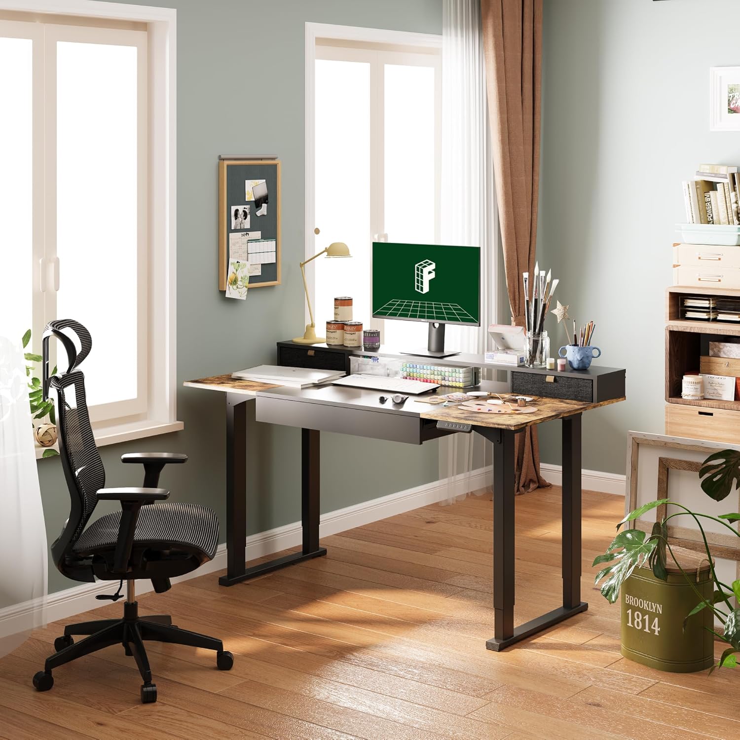 FLEXISPOT 63x32 in 4-Leg Standing Desk with Storage Electric Adjustable Height with 3 Drawers & Shelving Home Office Workstation (Black + Special Walnut Top)