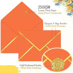 60 Pack 5x7 Envelopes for Invitations,A7 Business Envelopes Letter Size 250g Shimmer Cardstock with Gold Foil V Flap & Sealer,Security Envelopes for Gift Card,Wedding,Baby Shower(Orange)