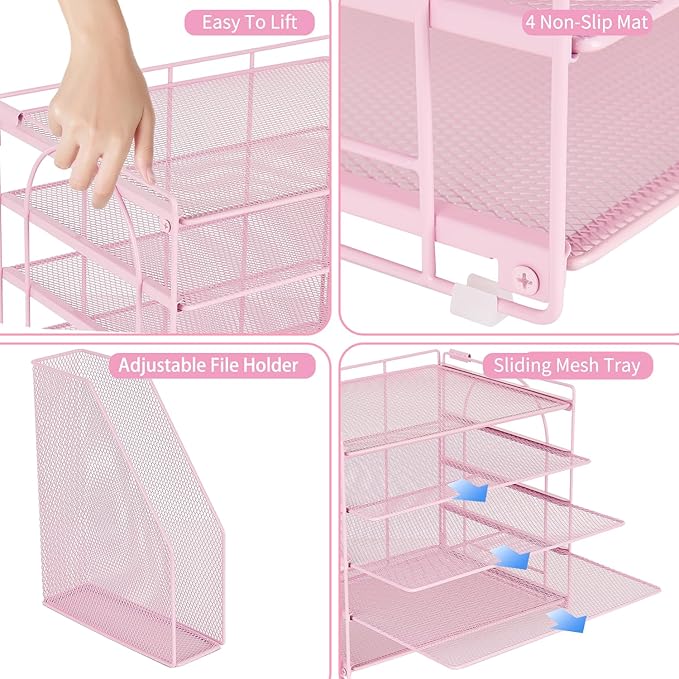AUPSEN Pink Desk Organizers and Accessories,5-Tier Desktop Paper File Organizer with Adjustable File Holder, Office Desk Accessories for Office Supplies