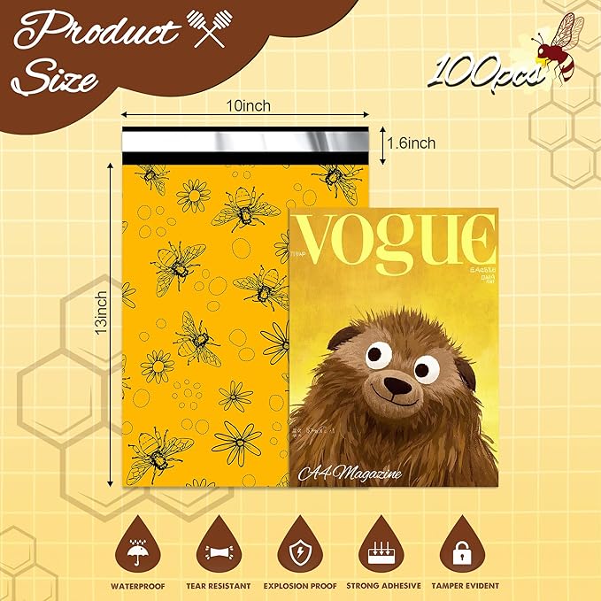 Bees Poly Mailer 10x13 Inch 100 Pcs, Waterproof Shipping Bags for Clothing, Tear-Resistant Mailier Bags, Strong Mailing Bags with Self-Seal