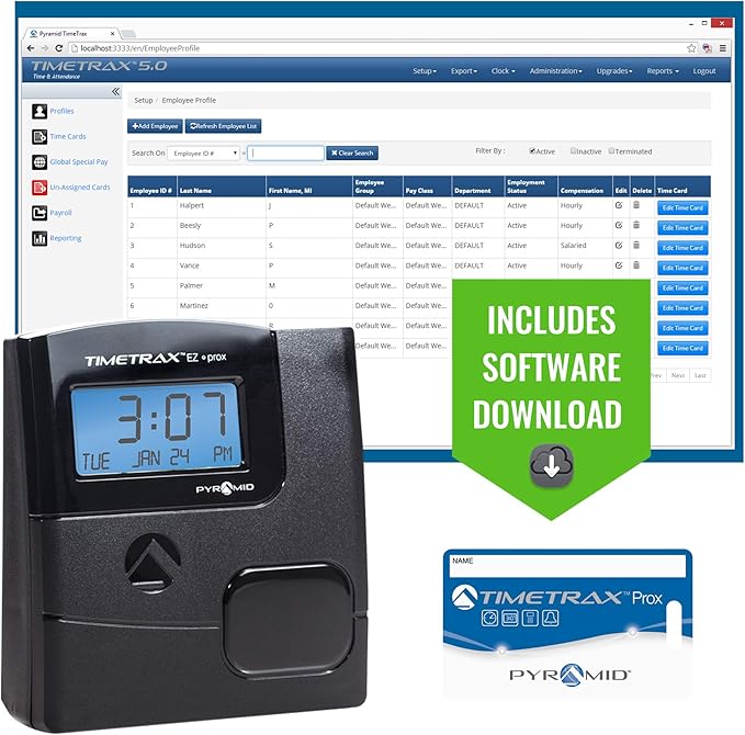 Pyramid Time Systems -TimeTrax Automated Proximity Time and Attendance with Pyramid TTEZ Time Clock System with Software Download [PPDLAUBKN], RFID - No Touch Employee Punch in - Black
